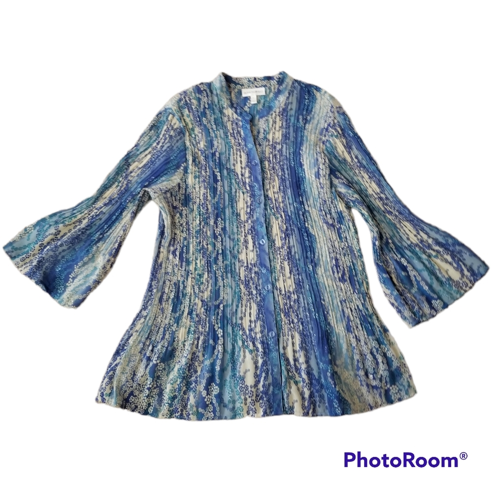 VTG Fashion Bug Crinckle Blue Floral Button Front 3/4 Sleeves Shirt Women's Lrg